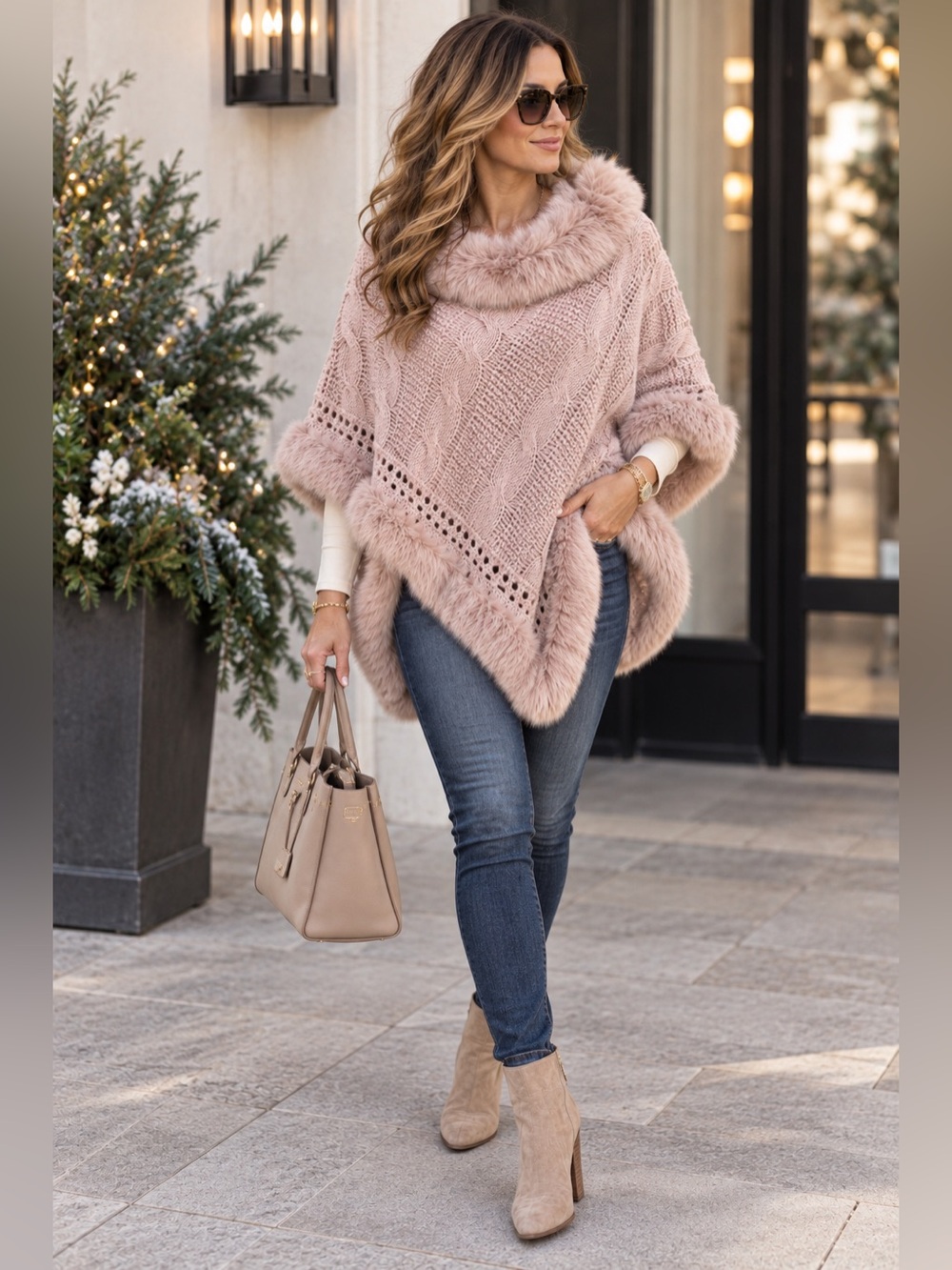 Le Moda One Size Blush Pink Cable Knit Poncho Faux Fur Trim Cowl Neck